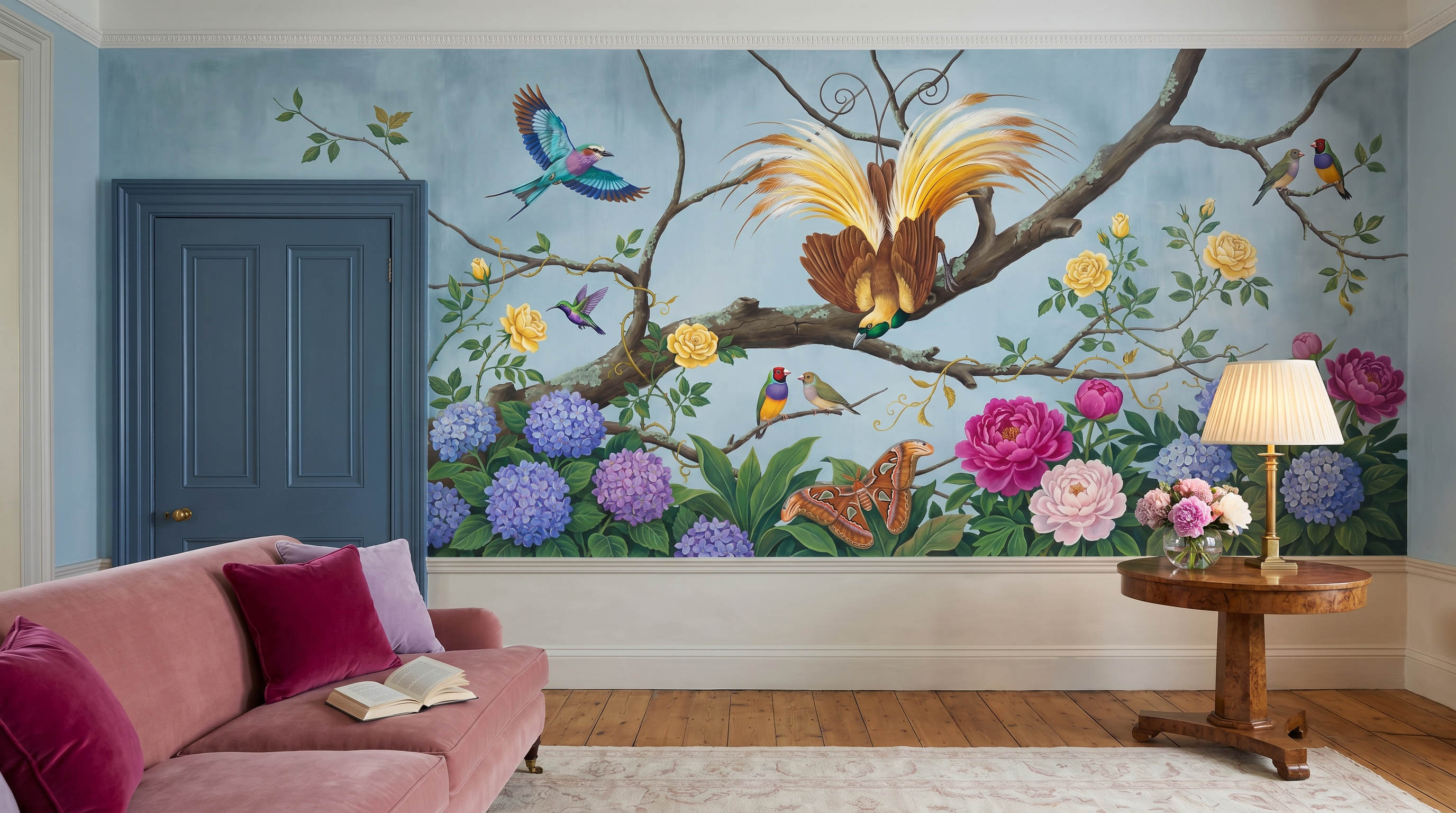 Powder Blue Aviary mural installed in a Belgravia drawing room